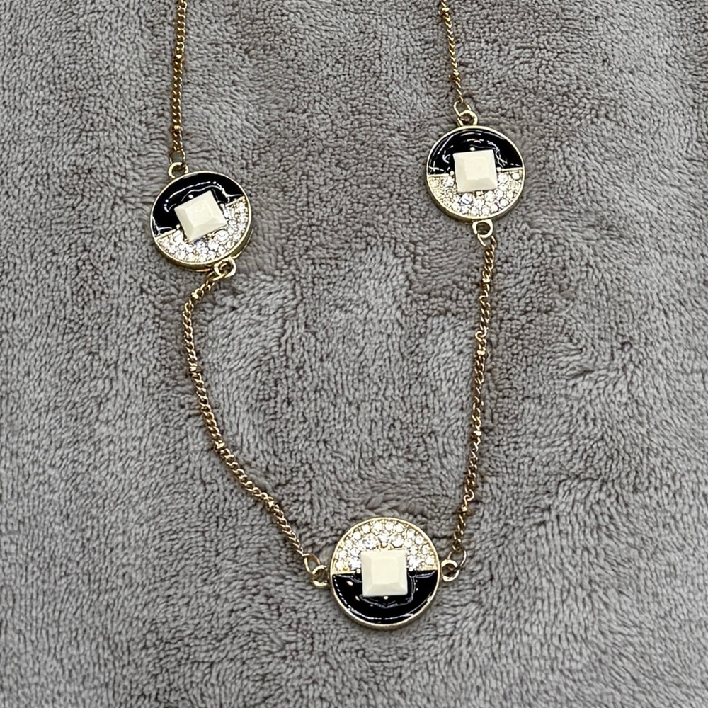 Vintage Enamel Station Necklace in Black and Cream with Rhinestones
